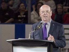 Broadcaster Bob Cole speaks as part of "Thank You, Mr. Hockey Day" remembering Gordie Howe in Saskatoon, Sunday, September 25, 2016. Canadian curling champion Brad Gushue first struck up a friendship with Bob Cole some 20 years ago during the NHL lockout.