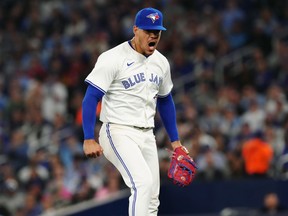 Toronto Blue Jays pitcher Jose Berrios (17) reacts during fifth inning American League MLB baseball action against the Seattle Mariners in Toronto on Monday, April 8, 2024.