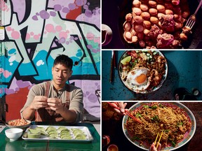 从左顺时针方向：厨师、内容创作者兼播客主持人 Jon Kung、香港鸡肉和华夫饼、炒饭和炒面