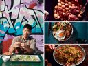 Clockwise from left: chef, content creator and podcast host Jon Kung, Hong Kong chicken and waffles, nasi goreng and jerk chow mein. PHOTOS BY JOHNNY MILLER