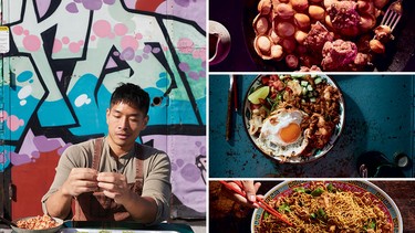 Clockwise from left: chef, content creator and podcast host Jon Kung, Hong Kong chicken and waffles, nasi goreng and jerk chow mein