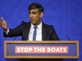 British Prime Minister Rishi Sunak speaks during a press conference at Downing Street in London, Monday, April 22, 2024.