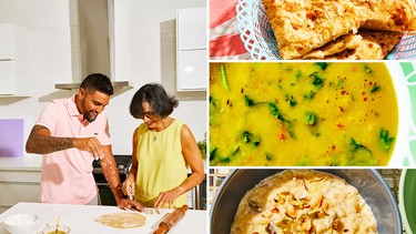 Clockwise from left: Devan Rajkumar and his mother, Bhano Rajkumar, make roti, roti, dhal and saffron kheer