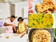 Clockwise from left: Devan Rajkumar and his mother, Bhano Rajkumar, make roti, roti, dahl and saffron kheer