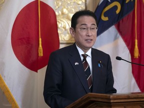 Japan Prime Minister Fumio Kishida addresses a luncheon in his honor at the North Carolina Executive Mansion, Friday, April 12, 2024, in Raleigh, N.C.
