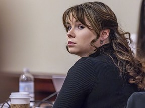 FILE - Hannah Gutierrez-Reed, the former armorer at the movie "Rust," listens to closing arguments in her trial at district court, Wednesday, March 6, 2024, in Santa Fe, N.M. Gutierrez-Reed has been incarcerated at a county jail ahead of a scheduled sentencing hearing, Monday, April 15, 2024, on a involuntary manslaughter conviction.