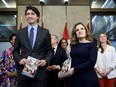 Prime Minister Justin Trudeau, Finance Minister Chrystia Freeland and cabinet ministers before the tabling of the federal budget on Parliament Hill in Ottawa.