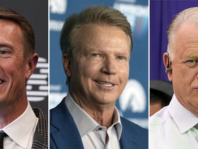 FILE - At left, former Atlanta Falcons' quarterback Matt Ryan announces his retirement during a news conference in Flowery Branch, Ga. Monday, April 22, 2024. At center, Phil Simms attends the Paramount 2022 Upfront party in New York, May 18, 2022. At right Boomer Esiason before the NFL Super Bowl 58 football game in Las Vegas Sunday, Feb. 11, 2024. Matt Ryan, who retired last week after 15 years in the NFL, will join CBS Sports as a studio analyst on NFL Today and Phil Simms and Boomer Esiason will leave after long runs on the show, the network announced Monday, April 29, 2024. (APm Photo/File)