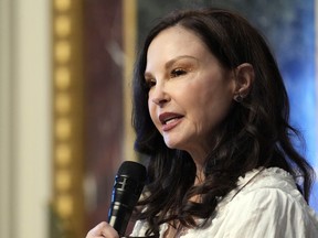 FILE - Ashley Judd speaks during an event on the White House complex in Washington, Tuesday, April 23, 2024. Judd, whose allegations against movie mogul Harvey Weinstein helped spark the #MeToo movement, spoke out Monday, April 29, on the right of women and girls to control their own bodies and be free from male violence.
