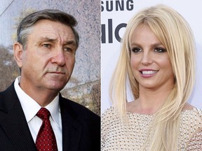 Jamie Spears, father of singer Britney Spears, leaves the Stanley Mosk Courthouse in Los Angeles on Oct. 24, 2012, left, and Britney Spears arrives at the Billboard Music Awards in Las Vegas on May 17, 2015. (AP Photo)