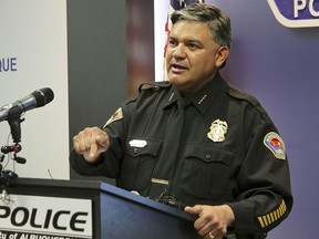 FILE -Albuquerque Police Chief Harold Medina answers questions about an ongoing investigation into possible corruption within the department's DWI unit during a news conference at police headquarters in Albuquerque, N.M. on Friday, Feb. 2, 2024. Several members of the Albuquerque police academy's training staff who were dismissed from their duties last summer filed a lawsuit Wednesday, April 17, 2024 outlining allegations of nepotism and retaliation by leadership within the force.