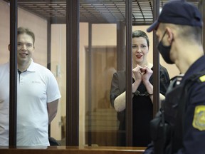FILE - Belarus opposition activists Maria Kolesnikova, right, and Maxim Znak attend a court hearing in Minsk, Belarus, Monday, Sept. 6, 2021. It's been 434 days since the family of imprisoned opposition figure Kolesnikova heard from her, her relatives said Wednesday, April 24, 2024, on the activist's 42nd birthday. Kolesnikova, who is serving 11 years in prison for helping organize anti-government protests in Belarus in 2020, and other imprisoned opposition figures have been held incommunicado for months on end.