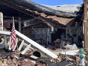 A saddle shop in downtown Sulphur, Okla., is shown on Monday, April 29, 2024. Tornadoes killed several people in Oklahoma, including an infant, and left thousands without power Sunday after a destructive outbreak of severe weather flattened buildings in the heart of one rural town and injured multiple people across the state.
