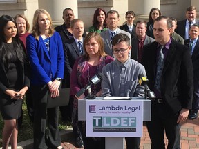 FILE - Connor Thonen-Fleck addresses reporters while his parents stand by his side, March 11, 2019, in Durham, N.C. West Virginia and North Carolina's refusal to cover certain health care for transgender people with government-sponsored insurance is discriminatory, a federal appeals court ruled Monday, April 29, 2024 in a case likely headed to the U.S. Supreme Court.