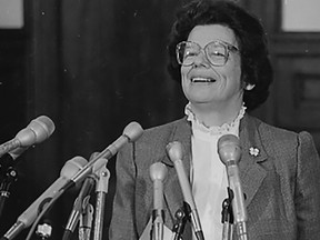 Chief Justice Ellen Ash Peters smiles as she conducts a news conference at the Connecticut Supreme Court, Nov. 13, 1984, in Hartford, Conn. Peters, the first woman to serve as Connecticut's chief justice and wrote the majority opinion in the state Supreme Court's landmark school desegregation ruling in 1996, died Tuesday, April 16, 2024. She was 94.