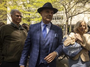 Arthur Aidala, an attorney for Harvey Weinstein, leaves a press conference outside Manhattan Criminal Court, Thursday, April 25, 2024, in New York.