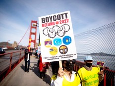 Protesters of Beijing 2022 march across the Golden Gate Bridge on Feb. 3, 2022.