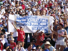 Fans at the 1984 Summer Games in L.A. hold up a banner referring to the boycott led by the Soviet Union following the American-led boycott of Moscow 1980 over the Soviet invasion of Afghanistan.