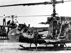The bombed husk of a West German police helicopter after a botched rescue attempt killed Israeli athletes taken hostage from the Olympic Village by Palestinian militants in September 1972.