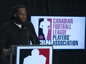 Solomon Elimimian, President, Canadian Football League Players Association (CFLPA) speaks to media to deliver the union's State of the Union in Hamilton, on Tuesday, November 14, 2023. The CFL Players' Association is joining the Canadian labour movement.