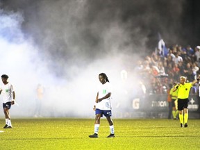 Simcoe County Rovers FC players are shown at the League1 Ontario championship game Sept. 2, 2023, at the Ontario Soccer Centre in Vaughan, Ont. Simcoe defeated Scrosoppi FC 4-2.