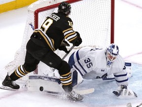 Toronto Maple Leafs goaltender Ilya Samsonov (35) makes a save against a shot by Boston Bruins centre John Beecher (19) during the second period of Game 2 of an NHL hockey Stanley Cup first-round playoff series, Monday, April 22, 2024, in Boston.