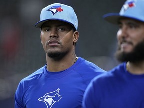 Toronto Blue Jays relief pitcher Genesis Cabrera takes the field before a baseball game against the Houston Astros, Monday, April 1, 2024, in Houston. Cabrera will begin serving his suspension Tuesday night at Houston after his three-game ban was reduced to two games.