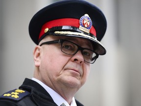Toronto Police Chief Myron Demkiw speaks to media in Toronto on Sunday, April 21, 2024. Demkiw says he accepts and supports the verdict of the jury that found a man accused of fatally running over a city police officer not guilty in his death.