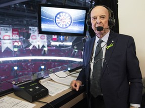Legendary broadcaster Bob Cole poses before calling his last NHL hockey game between the Montreal Canadiens and the Toronto Maple Leafs in Montreal, Saturday, April 6, 2019. Broadcaster Cole, a welcome voice for Canadian hockey fans for a half-century, has died at the age of 90.