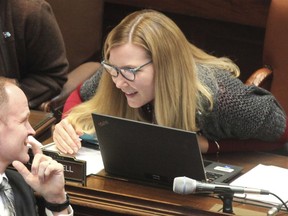 Democratic State Sen. Nicole Mitchell, right, of Woodbury, speaks with Sen. Robert D. Farnsworth, a Republican from Hibbing, on the floor of the Minnesota Senate on April 2, 2024, at the State Capitol in St. Paul, Minn.