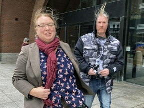 FILE - Attorney Jane Peachy, left, and client William Giordani, of Nashua, N.H., walk out of federal court in Boston, Wednesday, Jan. 10, 2024. Giordani, 55, accused of participating in a plot in which a caller issued bomb threats last year to Harvard University and demanded a large amount of bitcoin, has been sentenced to three years probation Thursday, April 25, 2024.