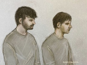 This court artist sketch by Elizabeth Cook shows Dmitrijus Paulauska, left, and Jake Reeves, who along with Paul English and Nii Mensah have been charged in connection with the case of a London arson plot, at Westminster Magistrates' Court, central London, Friday April 26, 2024.