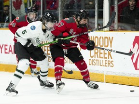 Boston defender Megan Keller (5) fights for the puck with Ottawa forward Gabbie Hughes (17) during second period PWHL hockey action in Ottawa on Wednesday, April 24, 2024.