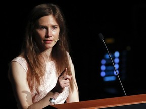 FILE - Amanda Knox speaks at a Criminal Justice Festival at the University of Modena, Italy, on June 15, 2019. A Florence appeals court on Wednesday, April 10, 2024, opens a new slander trial against Amanda Knox based on a 2016 European Court of Human Rights decision that her rights were violated during a long night of questioning into the murder of her British roommate without a lawyer and official translator.