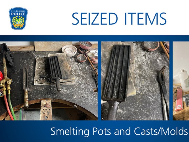  Police seized smelting pots, casts, and metal molds believed to have been used to transform the missing gold.