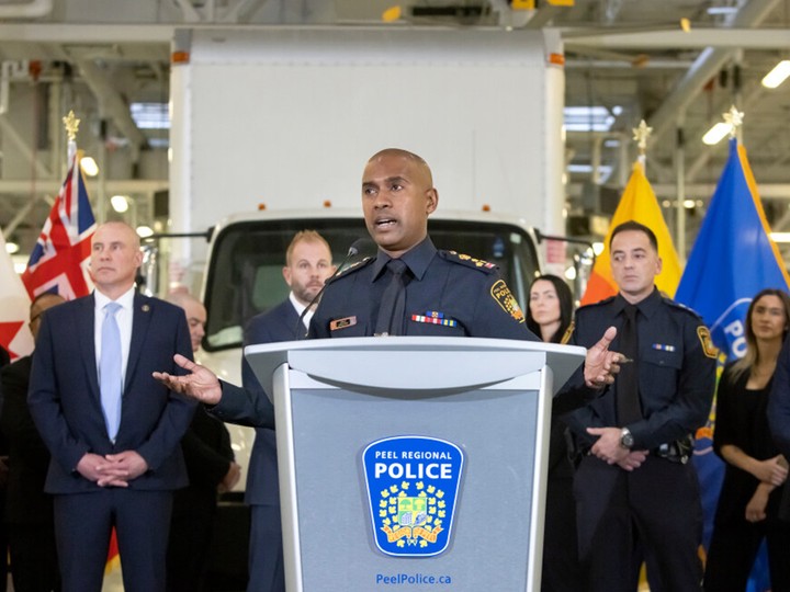  Peel Regional Police Chief Nishan Duraiappah announced details and arrests in Brampton concerning the theft of gold from Pearson International Airport, Wednesday April 17, 2024.