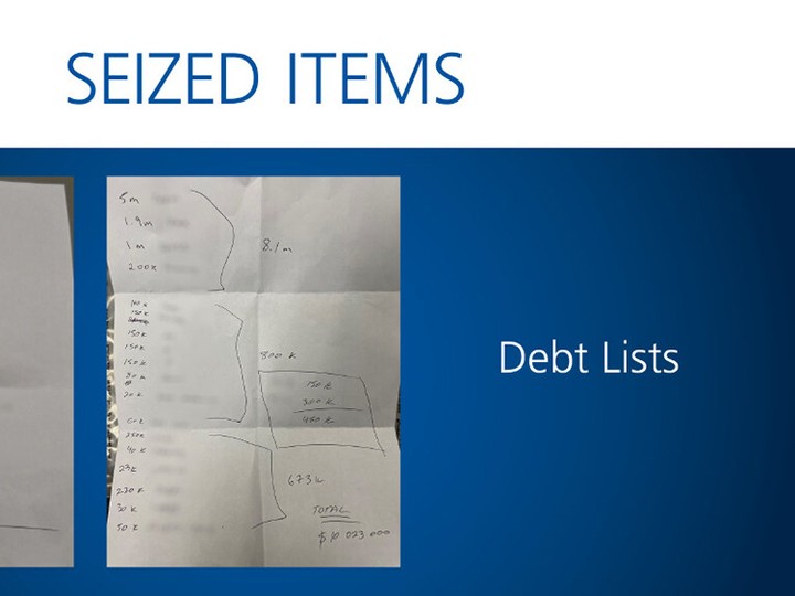  Police believe these debt lists outline those who received or were owed a portion of profits from the job.