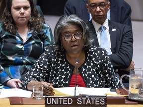 United States Ambassador and Representative to the United Nations Linda Thomas-Greenfield addresses members of the U.N. Security Council before voting during a meeting on Non-proliferation of nuclear weapons, Wednesday, April 24, 2024 at United Nations headquarters.