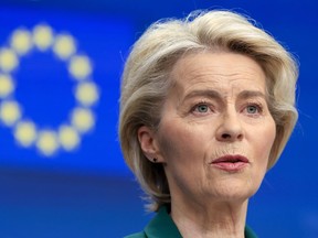 European Commission President Ursula von der Leyen addresses a media conference at the conclusion of an EU Summit in Brussels, Friday, March 22, 2024. European Union leaders on Friday discussed plans to boost investment and the economy.