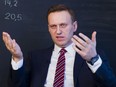 FILE - Russian opposition politician Alexei Navalny gestures while speaking during his interview to the Associated Press in Moscow, Russia on Dec. 18, 2017. U.S. intelligence officials have determined that Russian President Vladimir Putin likely didn't order the death of Navalny, the imprisoned opposition leader, in February of 2024. An official says the U.S. intelligence community has found "no smoking gun" that Putin was aware of the timing of Navalny's death or directly ordered it.