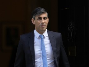 Britain's Prime Minster Rishi Sunak departs 10 Downing Street to go to the House of Commons for his weekly Prime Minister's Questions in London, Wednesday, April 17, 2024.