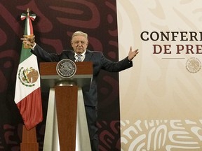 FILE - Mexican President Andres Manuel Lopez Obrador gives his regularly scheduled morning press conference at the National Palace in Mexico City, April 15, 2024. Lopez Obrador said Thursday, April 25, 2024, that the country's violent criminal gangs and drug cartels are essentially "respectful people" who "respect the citizenry" and most just kill each other.