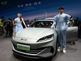 A BYD Seal 06 DM-i electric car is displayed at the Beijing Auto Show in Beijing on April 25, 2024.