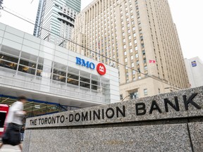 The meeting will hear from the top executives of Canada's big banks which have been preparing for potentially tougher economic times ahead. RBC, TD Bank and Bank of Montreal signage is pictured in the financial district in Toronto, Friday, Sept. 8, 2023.