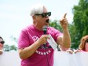 Fred Hahn, president of CUPE Ontario, speaks at a rally in Brockville, Ont., on July 19, 2023.