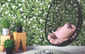 Palm-leaf design wallpaper, green, 20.5 inches x 16.5' feet. 54.99 at RONA stores and online.
