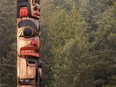 A totem pole carved by Haida Nation president Guujaaw stands in Skidegate, B.C. The Haida Nation recently launched a law suit claiming title to all lands and surrounding seas of the Queen Charlotte Islands, also known as Haida Gwaii.