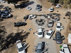 Scattered and burned cars on and around a road.