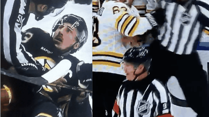 Brad Marchand gets what's 'owed' after shoving linesman at Leafs game