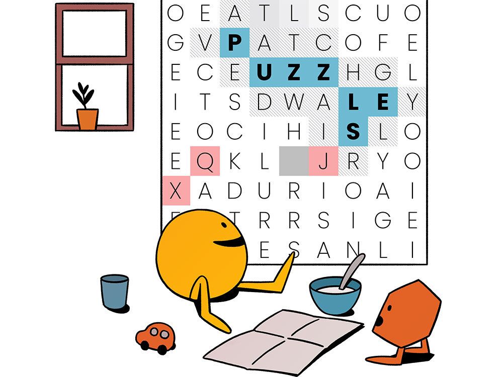 Illustration: Puzzmo character plays SpellTower